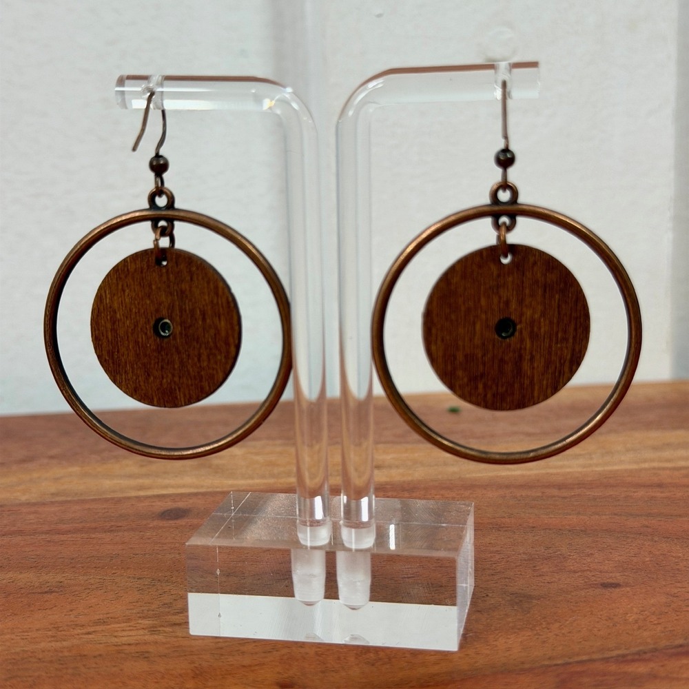 Boho Hoop Earrings Wood Flower Inlay Turquoise Orange Red Accent Bronze Dangle - Picture 3 of 4